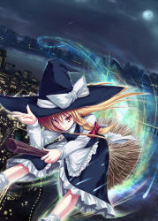 Rule 34 | 1girl, blonde hair, braid, broom, broom riding, cityscape, date hajime, female focus, hat, kirisame marisa, moon, night, night sky, outdoors, sky, solo, touhou, twin braids, witch, witch hat, yellow eyes