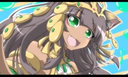 Rule 34 | 1girl, :3, :d, animal ears, bastet (p&amp;d), brown hair, dark skin, egyptian, fang, gem, green eyes, happy, jewelry, long hair, lots of jewelry, open mouth, puzzle &amp; dragons, smile