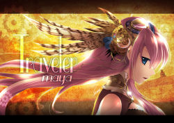Rule 34 | 1girl, album cover, album name, bare shoulders, blue eyes, breasts, brooch, child-box, cover, feather hair ornament, feathers, from side, gears, hair ornament, jewelry, long hair, looking at viewer, megurine luka, pink hair, solo, upper body, vocaloid