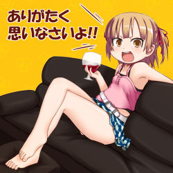 Rule 34 | 1girl, alcohol, armpits, barefoot, belly, belt, brandy glass, breasts, brown eyes, brown hair, camisole, child, couch, crossed legs, cup, cupping glass, drinking glass, feet, female focus, glass, hair ribbon, kurabayashi aya, marui mitsuba, mitsudomoe (manga), plaid, plaid skirt, plump, ribbon, short hair, short twintails, sitting, skirt, small breasts, snifter, solo, tank top, thighs, toes, translated, twintails, two side up, underage drinking, undershirt, wine glass