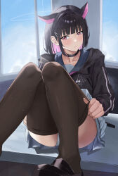 Rule 34 | 1girl, absurdres, animal ear fluff, animal ears, black hair, black jacket, black pantyhose, black sailor collar, blue archive, blue sky, blunt bangs, clothes pull, colored inner hair, double vertical stripe, grey skirt, hair ornament, hairclip, higashiwun izumi, highres, jacket, kazusa (blue archive), knees up, long hair, looking at viewer, multicolored hair, panties, pantyhose, pantyhose pull, pantyshot, pink eyes, pink hair, pleated skirt, sailor collar, school uniform, sitting, skirt, sky, solo, two-tone hair, underwear, window