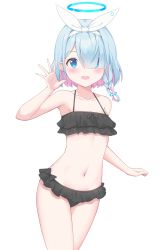 Rule 34 | 1girl, absurdres, arm up, armpits, arona (blue archive), bikini, black bikini, blue archive, blue eyes, blue hair, blush, bow, braid, frilled bikini, frills, hair bow, hair over one eye, halo, highres, kyujuukyu, navel, one eye covered, open mouth, ribbon, short hair, simple background, smile, solo, swimsuit, thighs, waving, white background