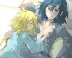 Rule 34 | 2girls, alternate costume, arm behind head, blonde hair, blue eyes, blue hair, blush, breasts, collarbone, female focus, frown, hand on another&#039;s chest, long sleeves, looking at another, lying, lying on person, moriya suwako, multiple girls, nightgown, nobamo pieruda, on back, open clothes, open mouth, open shirt, pajamas, pillow, shirt, short hair, sleeping, sweatdrop, tatami, touhou, yasaka kanako