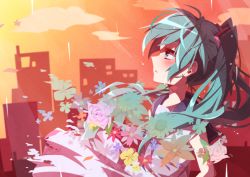 Rule 34 | 1girl, aosaki yato, aqua hair, blue collar, blue eyes, blush, cityscape, collar, commentary, flower, from side, glow (vocaloid), hair ornament, hatsune miku, highres, long hair, looking up, orange background, parted lips, pink flower, red flower, rose, sailor collar, school uniform, serafuku, shirt, silhouette, sleeveless, sleeveless shirt, solo, sunflower, twilight, twintails, upper body, very long hair, vocaloid, white shirt, yellow flower