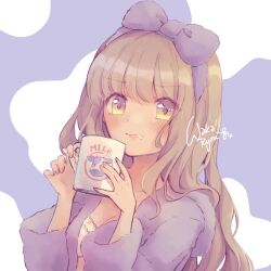Rule 34 | 1girl, blonde hair, blush, bra, closed mouth, cup, holding, holding cup, long hair, looking at viewer, mashiro rima, mug, multicolored background, purple background, purple robe, robe, shugo chara!, signature, solo, underwear, waka ryou, wavy hair, white background, white bra, yellow eyes