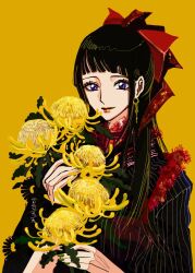 Rule 34 | 1boy, black hair, black shirt, blue eyes, blunt bangs, collar, commentary request, earrings, flower, frilled collar, frills, green nails, hair ribbon, half updo, holding, holding flower, jewelry, kikunojo (one piece), kjjmmmut, light smile, looking at viewer, one piece, red lips, red ribbon, ribbon, shirt, sidelocks, solo, striped clothes, upper body, vertical-striped clothes, yellow background, yellow flower