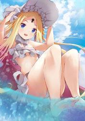 Rule 34 | 1girl, :d, abigail williams (fate), abigail williams (swimsuit foreigner) (fate), abigail williams (swimsuit foreigner) (third ascension) (fate), absurdres, arms up, bare arms, bare legs, bare shoulders, barefoot, bikini, blonde hair, blue eyes, blue sky, blush, bonnet, bow, cloud, commentary request, day, fate/grand order, fate (series), flat chest, foot out of frame, forehead, hair bow, hands on headwear, highres, kobi (piliheros2000), long hair, looking at viewer, navel, open mouth, orange bow, outdoors, parted bangs, sidelocks, sky, smile, solo, swimsuit, thighs, very long hair, water, white bikini, white bow, white headwear
