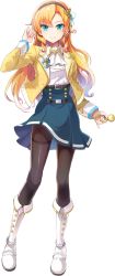Rule 34 | 1girl, aqua eyes, artwhirl mahou gakuen no otome-tachi, ascot, black hairband, blazer, blonde hair, blue skirt, boots, bow, clock, closed mouth, collared shirt, emerane, full body, gradient hair, hair between eyes, hair bow, hair ornament, hairband, high-waist skirt, highres, jacket, long hair, long sleeves, looking at viewer, miniskirt, multicolored hair, open clothes, open jacket, pantyhose, pleated skirt, school uniform, shirt, skirt, smile, solo, standing, thighband pantyhose, transparent background, vanessa (artwhirl), very long hair, white ascot, white footwear, white hair, white shirt, wing collar, yellow jacket
