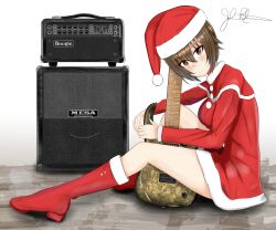 Rule 34 | 1girl, amplifier, artist name, boots, brown eyes, brown hair, christmas, closed mouth, commentary, depayama (depaty), dress, electric guitar, expressionless, from side, fur-trimmed dress, fur trim, girls und panzer, guitar, hat, highres, instrument, long sleeves, looking at viewer, nishizumi maho, on floor, red dress, red footwear, red hat, santa boots, santa dress, santa hat, short dress, short hair, signature, sitting, solo, speaker, white background