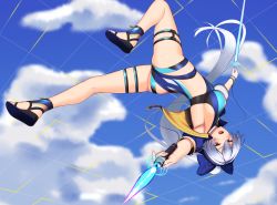 Rule 34 | 1girl, armpits, ass, blue bow, blue jacket, blue one-piece swimsuit, blue sky, blush, bow, breasts, competition swimsuit, dual wielding, energy sword, fate/grand order, fate (series), hair between eyes, hair bow, highleg, highleg swimsuit, highres, holding, jacket, jumping, kuroshiro (ms-2420), large breasts, legs, long hair, looking at viewer, one-piece swimsuit, open mouth, ponytail, red eyes, sandals, short sleeves, silver hair, sky, smile, swimsuit, sword, thigh strap, thighs, tomoe gozen (fate), tomoe gozen (swimsuit saber) (fate), tomoe gozen (swimsuit saber) (first ascension) (fate), two-tone swimsuit, upside-down, weapon, white one-piece swimsuit