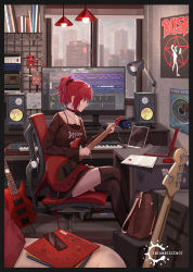 Rule 34 | 1girl, amplifier, bag, band shirt, black shorts, black thighhighs, blunt bangs, brown shirt, cable, chair, choker, clothes writing, commentary, computer, crossed legs, earrings, electric guitar, english commentary, from side, guitar, handbag, highres, holding, holding pen, indoors, instrument, jewelry, keyboard (instrument), lamp, laptop, light bulb, looking to the side, merchandise, monitor, necklace, office chair, original, pen, ponytail, poster (object), rain, record jacket, red eyes, red hair, shirt, short hair, short shorts, shorts, sidelocks, sitting, solo, speaker, swivel chair, thighhighs, window, yuzuriha (atelier liang)