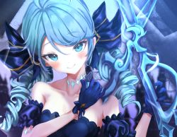 Rule 34 | 0kizakura, 1girl, ahoge, bad id, bad pixiv id, black dress, black gloves, black ribbon, blue eyes, blue hair, blush, breasts, collarbone, doll, dress, drill hair, frills, gloves, gwen (league of legends), hair ornament, hair ribbon, holding, holding scissors, jewelry, league of legends, long hair, looking at viewer, necklace, open mouth, ribbon, ringlets, scissors, smile, solo, teeth, twin drills, twintails, weapon