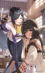 Rule 34 | 2girls, absurdly long hair, age difference, ahoge, ainu clothes, angry, animal ears, anju (utawarerumono), aquaplus, bent over, black hair, blush, bottle, braid, breasts, cat tail, closed mouth, coat, dress, finger to mouth, fingernails, flower, flower on head, from side, gradient eyes, gradient hair, hair ornament, hand on own hip, head tilt, height difference, highres, indoors, kanzarin, kuon (utawarerumono), layered sleeves, leaning forward, licking, licking lips, light rays, long hair, long sleeves, looking at another, looking at viewer, low-tied long hair, medium breasts, multicolored eyes, multicolored hair, multiple girls, nose blush, official art, open mouth, ponytail, sake bottle, scarf, side slit, sidelocks, sitting, standing, sunlight, swept bangs, table, tail, tongue, tongue out, utawarerumono, utawarerumono: itsuwari no kamen, utawarerumono: lost flag, very long hair, white tail, wide sleeves, window, wooden floor, yellow eyes, yellow scarf