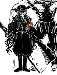 Rule 34 | 1boy, 1girl, antaria, armband, boots, cross, deaths head, glasses, greyscale, hat, iron cross, jodhpurs, military, military uniform, monochrome, muscular, nazi, open mouth, original, pants, peaked cap, red eyes, scar, skull, skull and crossbones, smirk, spot color, standing, stitches, swastika, topless male, uniform, weapon