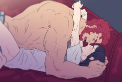 Rule 34 | 2boys, bara, beard, closed mouth, couple, facial hair, fate (series), iskandar (fate), jeje (pixiv12541114), large pectorals, long hair, looking at another, lord el-melloi ii, lord el-melloi ii case files, lying, male focus, multiple boys, muscular, muscular male, on back, open mouth, pectorals, red hair, shirt, short hair, topless male, waver velvet, white shirt, yaoi