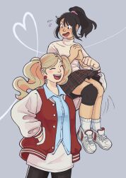 Rule 34 | 2girls, bandaid, bandaid on knee, bandaid on leg, black hair, black pants, black skirt, blonde hair, blue shirt, couple, earrings, grey background, highres, jewelry, lemonbaristas, looking at another, multiple girls, open mouth, pants, persona, persona 5, plaid, plaid skirt, ponytail, shirt, shoes, simple background, skirt, sneakers, socks, suzui shiho, sweater, takamaki anne, twintails, white socks, white sweater, yuri