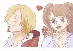 Rule 34 | 1boy, 1girl, blue eyes, brown hair, btshp5120787, charlotte pudding, commentary request, dress, drill hair, closed eyes, facial hair, food, fork, goatee, heart, hidden face, one piece, open mouth, sanji (one piece), smile