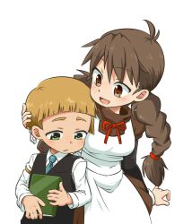 Rule 34 | 1boy, 1girl, age difference, aged down, blonde hair, blush, book, bow, bowtie, braid, brown eyes, brown hair, child, dress, eyebrows, eyelashes, green eyes, hair ornament, highres, long hair, looking at another, open mouth, ponytail, short hair, simple background, size difference, straight hair, tjugemu, tongue, white background