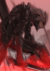Rule 34 | 1boy, bad id, bad pixiv id, blood, bloody weapon, cyborg, gatiemon, glowing, highres, holding, holding sword, holding weapon, male focus, metal gear (series), metal gear rising: revengeance, multicolored hair, raiden (metal gear), red eyes, red hair, science fiction, solo, streaked hair, sword, two-tone hair, weapon, white hair