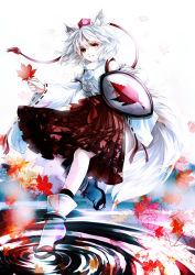 Rule 34 | 1girl, animal ears, autumn leaves, awa toka, bare shoulders, detached sleeves, female focus, hat, highres, holding, inubashiri momiji, red eyes, ripples, shield, short hair, skirt, solo, tail, tokin hat, touhou, water, white hair, wolf ears, wolf tail