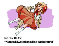 Rule 34 | 1girl, animal, animal on head, bird, bird on head, bird tail, bird wings, blush, capelet, chick, chicken, dot nose, dress, english text, feathered wings, kasuya baian, looking to the side, multicolored hair, niwatari kutaka, on head, open mouth, orange dress, red tie, scene reference, simple background, socks, solo, tail, touhou, twitter, two-tone hair, white background, white capelet, wings, yellow eyes, yellow wings