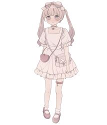 Rule 34 | 1girl, bag, blush, bobby socks, bow, brown bow, brown eyes, brown footwear, brown hair, closed mouth, collarbone, commentary request, dress, frilled dress, frills, full body, hair bow, heart-shaped bag, highres, long hair, original, puffy short sleeves, puffy sleeves, shoes, short sleeves, shoulder bag, simple background, socks, solo, standing, tsuruse, twintails, wavy mouth, white background, white dress, white socks