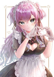 Rule 34 | 1girl, absurdres, apron, black dress, black eyes, breasts, cleavage, cleavage cutout, closed mouth, clothing cutout, dress, frills, gloves, hair between eyes, heart, heart cutout, heart hands, highres, large breasts, light smile, long hair, looking at viewer, maid, maid apron, maid headdress, name tag, original, purple hair, short sleeves, simple background, solo, twitter username, two side up, upper body, white gloves, yurari yuhira
