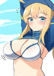 Rule 34 | 1girl, absurdres, ahoge, arms up, artoria pendragon (fate), baseball cap, bikini, blonde hair, blue eyes, blue hat, blue jacket, blue sky, blush, breasts, cleavage, closed mouth, cloud, cropped jacket, day, fate/grand order, fate (series), hair between eyes, hair through headwear, hat, highres, jacket, large breasts, long hair, moyoron, mysterious heroine x (fate), mysterious heroine xx (fate), notice lines, outdoors, shrug (clothing), sidelocks, sketch, sky, solo, swimsuit, upper body, white bikini