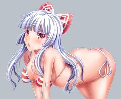 Rule 34 | 1girl, ass, bikini, bow, breasts, butt crack, cleavage, crow (crowatelier), fujiwara no mokou, grey background, grey hair, hair bow, halterneck, large breasts, long hair, looking at viewer, multiple bows, open mouth, red eyes, side-tie bikini bottom, simple background, solo, string bikini, striped bikini, striped clothes, swimsuit, touhou