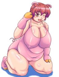 Rule 34 | 1girl, animal ears, belly, blush, breasts, brown eyes, cleavage, fat, highres, huge breasts, inamori futayo, kneeling, looking at viewer, obese, one eye closed, open mouth, original, orizen, pig, pig ears, pig girl, pig tail, red hair, short hair, simple background, smile, solo, tail, thick thighs, thighs, white background, wink