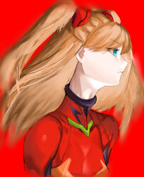 Rule 34 | 1girl, absurdres, aqua eyes, artist request, blue eyes, bodysuit, brown hair, expressionless, headgear, highres, interface headset, long hair, looking to the side, neon genesis evangelion, pilot suit, plugsuit, red background, red bodysuit, shiny clothes, simple background, solo, souryuu asuka langley, turtleneck, twintails, two side up, very long hair