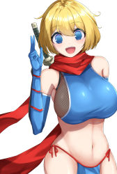 Rule 34 | 1girl, absurdres, alice margatroid, alternate costume, arm behind back, blonde hair, blue eyes, blue gloves, blush, breasts, commentary request, cookie (touhou), cowboy shot, crop top, dutch angle, elbow gloves, fishnet top, fishnets, gloves, highres, ikikiksgiksg, katana, large breasts, looking at viewer, navel, pelvic curtain, red scarf, scarf, short hair, simple background, smile, solo, sword, sword behind back, teeth, touhou, upper teeth only, weapon, web (cookie), white background