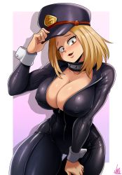 Rule 34 | 1girl, absurdres, artist name, black bodysuit, blonde hair, blush, bodysuit, boku no hero academia, breasts, brown eyes, cameltoe, cleavage, cleft of venus, collar, collarbone, curvy, eyelashes, hat, highres, jmg, large breasts, latex, latex bodysuit, looking at viewer, medium hair, no bra, open bodysuit, open clothes, open mouth, peaked cap, signature, skin tight, smile, solo, thick thighs, thigh gap, thighs, utsushimi kemii, wide hips, wrist cuffs
