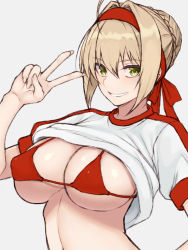 Rule 34 | 1girl, ahoge, bikini, bikini under clothes, blonde hair, braid, breasts, cocq taichou, fate/extra, fate/grand order, fate (series), fingernails, french braid, green eyes, grey background, gym uniform, hair between eyes, hair intakes, hairband, large breasts, looking at viewer, nero claudius (fate), nero claudius (fate) (all), nero claudius (fate/extra), nero claudius (olympian bloomers) (fate), official alternate costume, red bikini, red hairband, short hair, simple background, smile, solo, swimsuit, upper body, v