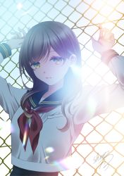 Rule 34 | 1girl, arms up, backlighting, bad id, bad pixiv id, black hair, black sailor collar, black skirt, blue eyes, chain-link fence, fence, highres, long hair, long sleeves, looking at viewer, neckerchief, original, outdoors, parted lips, red neckerchief, sailor collar, school uniform, serafuku, sheepd, shirt, signature, skirt, solo, sunset, white shirt