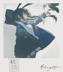 Rule 34 | 1girl, amiya (arknights), arknights, bird, black hair, black jacket, black pantyhose, blue eyes, copyright name, floating hair, from side, grey background, hair between eyes, highres, hood, hood up, hooded jacket, jacket, long hair, looking away, open clothes, open jacket, outstretched arm, pantyhose, parted lips, profile, qtian, shirt, solo, very long hair, white shirt