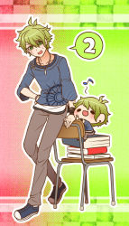 Rule 34 | 10s, 2boys, amami rantaro, arm rest, blue shirt, book, book stack, brown pants, chair, chibi, countdown, danganronpa (series), danganronpa v3: killing harmony, denim, dual persona, ear piercing, full body, gradient background, green background, green eyes, green hair, hand on own hip, jeans, jewelry, looking at another, male focus, multiple boys, musical note, necklace, open mouth, pants, piercing, pink background, semiquaver, shirt, shoes, short hair, simple background, sitting, sitting backwards, smile, sneakers, spoken number, striped clothes, striped shirt, sweat, wavy mouth, wristband, yumaru (marumarumaru)