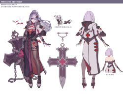 Rule 34 | 1girl, absurdres, blood, bottle, breasts, chain, chyan, closed mouth, cross, elbow gloves, fang, from behind, full body, gloves, hair ornament, hair over one eye, hairclip, high heels, highres, long hair, looking at viewer, multiple views, one eye covered, original, red eyes, stake, turnaround, vampire, variations, weapon, white background, white hair