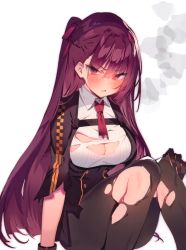 Rule 34 | 1girl, absurdres, blush, braid, breasts, cleavage, french braid, girls&#039; frontline, gloves, hair ribbon, highres, large breasts, long hair, necktie, non-web source, one side up, open mouth, pantyhose, purple hair, red eyes, red necktie, ribbon, scan, simple background, sitting, smoke, solo, soukou makura, sweat, torn clothes, torn necktie, torn pantyhose, wa2000 (girls&#039; frontline), white background