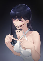 Rule 34 | 1girl, bare arms, bare shoulders, breasts, commentary, dress, earrings, halter dress, halterneck, highres, index fingers together, jewelry, kuchisake-onna, large breasts, long hair, looking at viewer, original, pink eyes, purple hair, simple background, sleeveless, sleeveless dress, solo, stitched mouth, stitches, tdc24, teeth