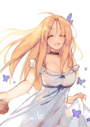 Rule 34 | 1girl, bare arms, bare shoulders, blonde hair, breasts, choker, cleavage, collarbone, dress, hair ornament, hairclip, holding hands, highres, large breasts, long hair, open mouth, original, pov, pov hands, saratoga (warship girls r), smile, solo focus, suisai., very long hair, warship girls r, white dress