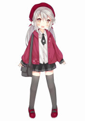 Rule 34 | 1girl, :d, animal print, bag, beret, black necktie, black skirt, black thighhighs, blush, brown eyes, collared shirt, fingernails, full body, grey hair, hair ribbon, hat, jacket, long hair, long sleeves, looking at viewer, low twintails, mary janes, messenger bag, nail polish, necktie, open clothes, open jacket, open mouth, ping hai (warship girls r), pink nails, pleated skirt, print necktie, rabbit print, red footwear, red hat, red jacket, red ribbon, ribbon, school bag, school uniform, shirt, shoes, shoulder bag, simple background, skirt, sleeves past wrists, smile, solo, standing, tengxiang lingnai, thighhighs, twintails, warship girls r, white background, white shirt