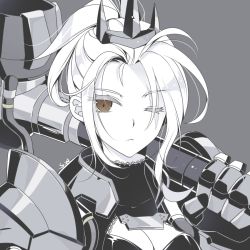 Rule 34 | 1girl, armor, artist name, breasts, brown eyes, cleavage, cleavage cutout, closed mouth, clothing cutout, crown, eyelashes, eyes visible through hair, full armor, gauntlets, genderswap, genderswap (mtf), grey background, holding, holding weapon, kaoruru (sakuno2911), medium breasts, monochrome, one eye closed, over shoulder, overwatch, overwatch 1, pauldrons, plate armor, ponytail, portrait, reinhardt (overwatch), scar, scar across eye, scar on face, short hair, shoulder armor, sidelocks, simple background, solo, spot color, turtleneck, upper body, war hammer, warhammer, weapon, weapon over shoulder