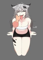Rule 34 | 1girl, absurdres, animal ears, arknights, bandeau, fangs, finger in another&#039;s mouth, grey background, grey eyes, hair ornament, hairclip, hands on ground, highres, imminent fellatio, kneeling, lappland (arknights), legs together, material growth, midriff, navel, open mouth, oripathy lesion (arknights), scar, scar across eye, scar on face, short shorts, shorts, signature, silver hair, solo focus, spread fingers, strapless, tongue, tongue out, tube top, wolf ears