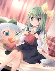 Rule 34 | 1girl, ahoge, alternate hair length, alternate hairstyle, arms up, ascot, blue eyes, blue skirt, blue vest, bobby socks, book, bow, character pillow, cirno, commentary, curtains, daiyousei, dutch angle, fairy wings, feet out of frame, green hair, hair between eyes, hair bow, highres, indoors, knees together feet apart, knitting, knitting needle, kuromame (8gou), legs together, long hair, long sleeves, looking at viewer, needle, on bed, open book, plaid pillow, shirt, sitting, skirt, skirt set, smile, socks, solo, touhou, vest, white shirt, white socks, wings, yarn, yarn ball, yellow ascot