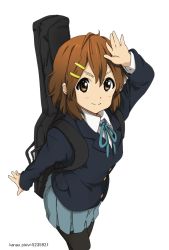 Rule 34 | 1girl, bad id, bad pixiv id, brown eyes, brown hair, guitar case, highres, hirasawa yui, instrument case, k-on!, kanau, official style, pantyhose, salute, school uniform, short hair, simple background, white background