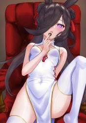 Rule 34 | 1girl, absurdres, animal ears, bare shoulders, black hair, blush, breasts, brown hair, china dress, chinese clothes, covered navel, dress, hair over one eye, highres, horse ears, horse girl, long hair, open mouth, pelvic curtain, purple eyes, rice shower (umamusume), side slit, small breasts, solo, spread legs, tatsumi yashiro, thighhighs, umamusume, white dress, white thighhighs
