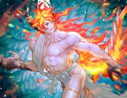 Rule 34 | 1boy, alternate costume, alternate hair color, alternate hair length, alternate hairstyle, armlet, ass, bare shoulders, earrings, fire, halo, halo behind head, jewelry, leglet, light rays, loincloth, long hair, male focus, midriff, multiple wings, muscular, muscular male, navel, oyatsu (hana), pelvic curtain, protagonist 4 (housamo), red eyes, solo, thighs, tokyo houkago summoners, wings