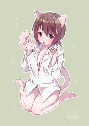 Rule 34 | 1girl, absurdres, animal ears, artist name, barefoot, bottomless, brown background, brown eyes, brown hair, cat ears, cat tail, claw pose, commentary, dated, dress shirt, fang, frown, girls und panzer, grey background, highres, itsumip, kemonomimi mode, long sleeves, looking at viewer, medium hair, naked shirt, nishizumi maho, open mouth, outline, partially unbuttoned, shirt, short hair, signature, sitting, skin fang, solo, tail, translated, wariza, white outline, white shirt, wing collar