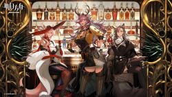 Rule 34 | alcohol, animal ear fluff, animal ears, antlers, apron, arknights, belt, black apron, black dress, brown hair, cat ears, cat girl, cat tail, choker, cinnamon stick, coldshot (arknights), deer antlers, deer ears, deer girl, deer tail, dress, drink, ears through headwear, extra ears, feather boa, fur shawl, gloves, grey belt, hair over one eye, hat, hat feather, heidi (arknights), highres, holding, holding drink, horns, kaifei (kaifei 29), mole, mole above eye, mole on forehead, mulled wine, official art, penance (arknights), penance (occasionally flushed) (arknights), pink hair, purple hair, red choker, red gloves, red hat, red wine, shawl, shirt, sleeves past elbows, tail, thighhighs, tumbler glass, waist cutout, whiskey, wine, wolf ears, wolf girl, yellow shirt